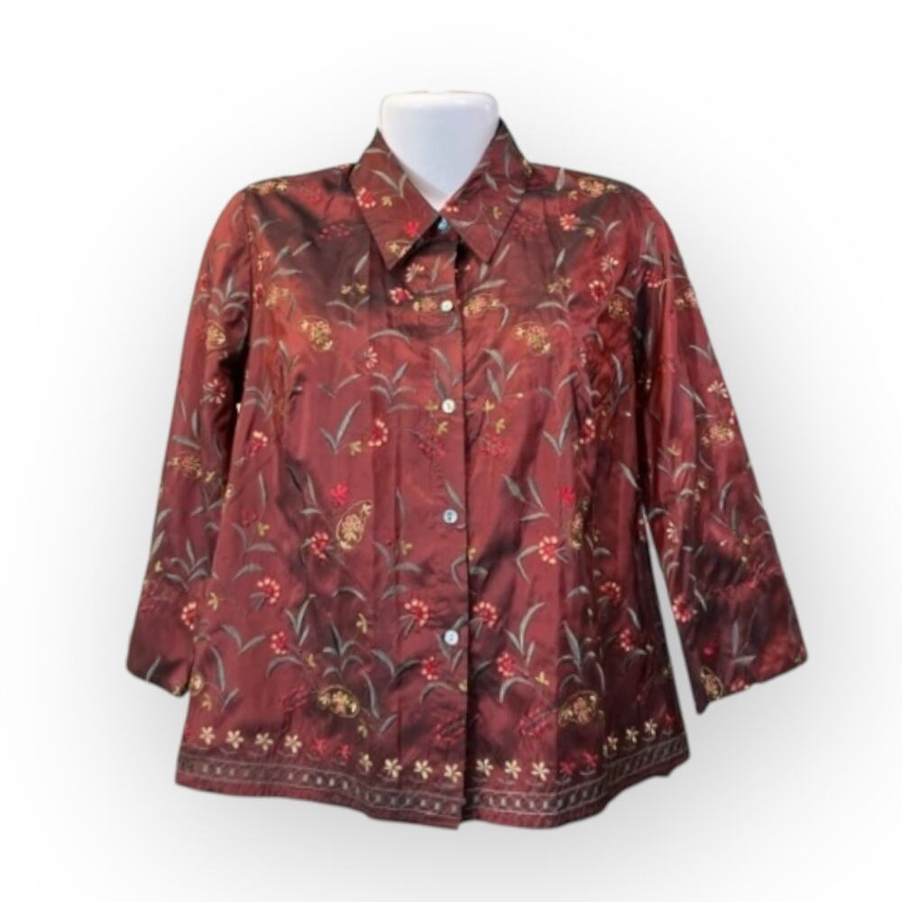David Brooks Women's Burgundy w/ Floral Embroidery Silk Button-Up Shirt SZ M